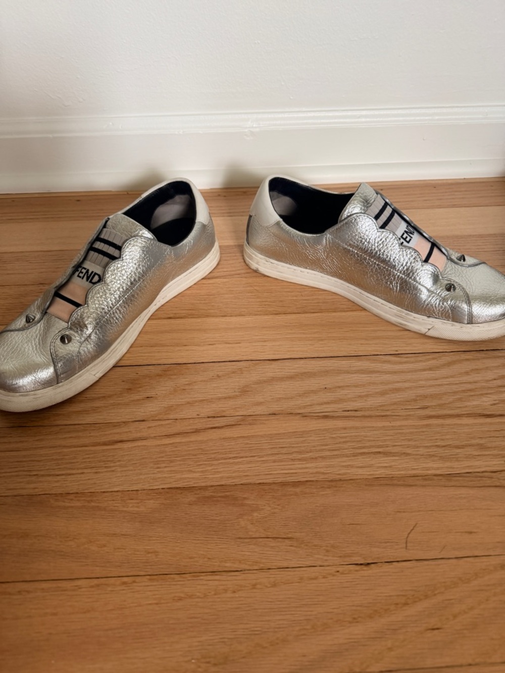 Fendi Metallic Silver Leather Slip-On Sneakers with Pink and Black Logo Sz 40 - Picture 2 of 8
